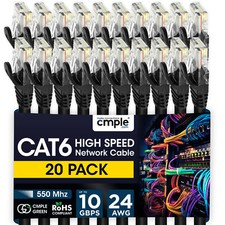 20 Pack Cat6 Ethernet Cable Reliable Gigabit LAN Cord with RJ45 Plugs Black