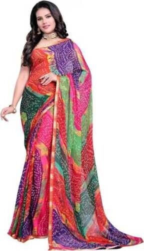 Women's Chiffon Pachranga Bandhej Saree Without Blouse Piece, Beautiful saree - Picture 1 of 3