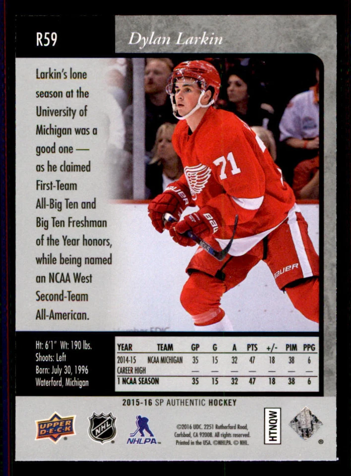 2015-16 SP Authentic '95-96 SP Retro #R59 Dylan Larkin - Image 2 of 2
