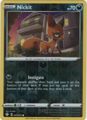 nickit pokemon card value NICKIT 047/072 SHINING FATES POKEMON (REVERSE HOLO, NM)