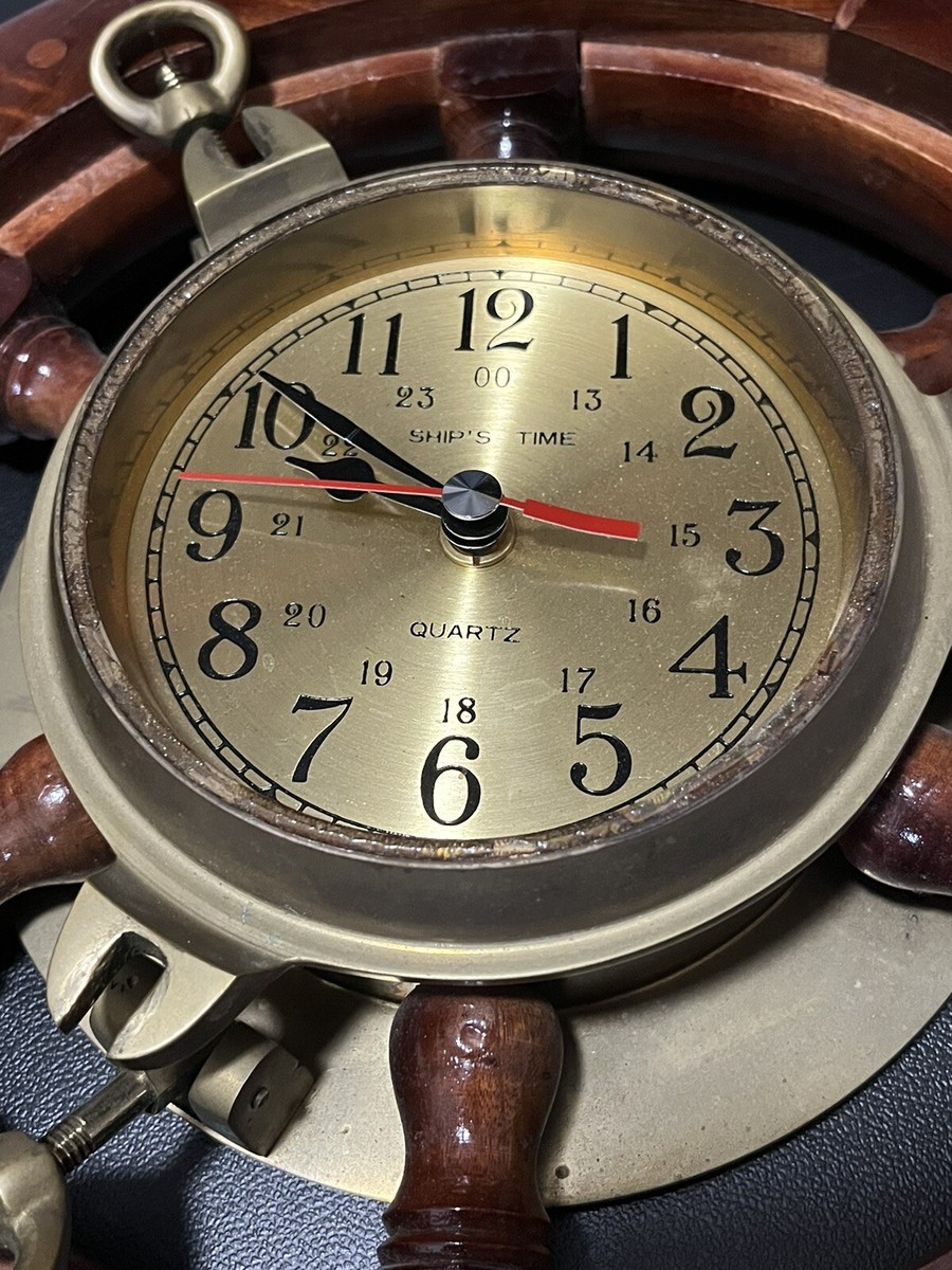 Vintage Antique Wood & Brass Porthole Ship Wheel Wall Clock Quartz