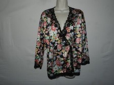 VTG LORRAINE Bed Jacket Pj Top Nylon 3/4 Sleeve Black floral Lace LARGE 40-42