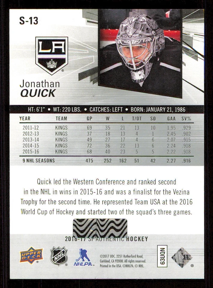 2016-17 SP Authentic Spectrum FX #S13 Jonathan Quick - Image 2 of 2