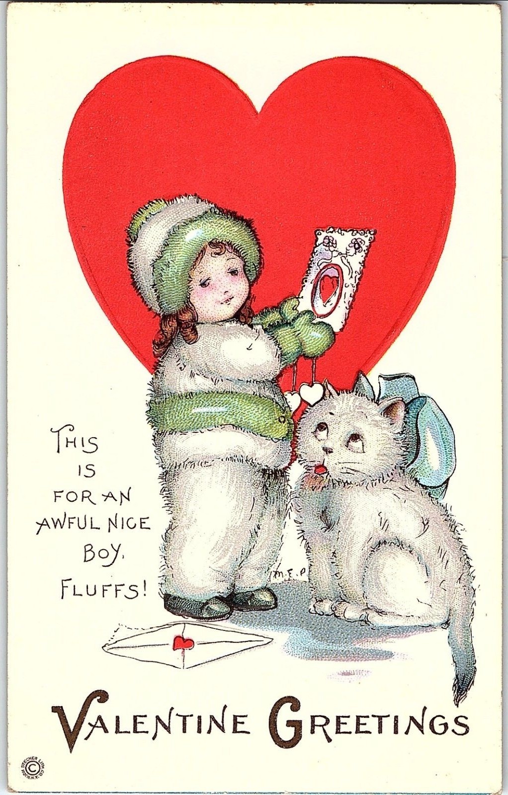 C.1910 Adorable Girl & Cat Fur Coat Heart Valentine Victorian Postcard