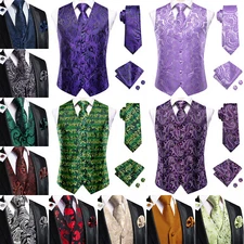 Paisley Floral Solid Mens Waistcoat Regular Fit Button Vest Tie Set Wedding Prom