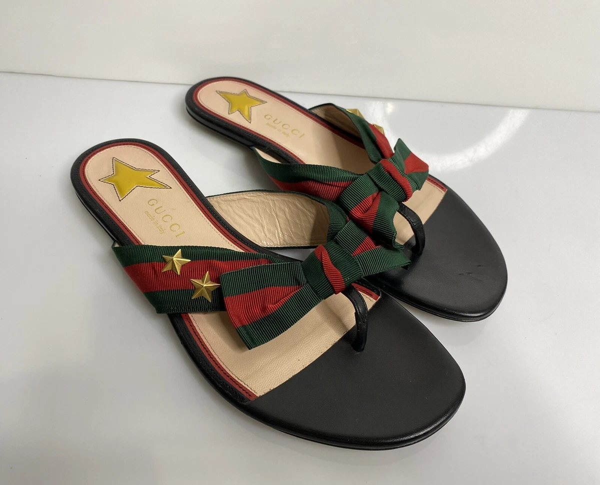 Women’s Gucci Sandals Slides Flip Flops Web Stripe Bow Stars Sz 36 Us 6