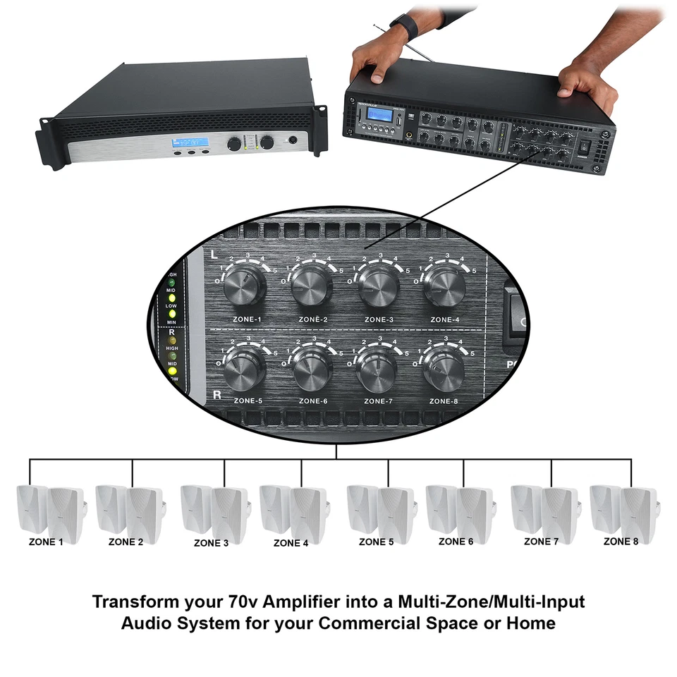 Rockville PRE-70V 70V Stereo Preamp Mixer with 6 Zones, Bluetooth/Optical/Mic In - Image 3 of 4