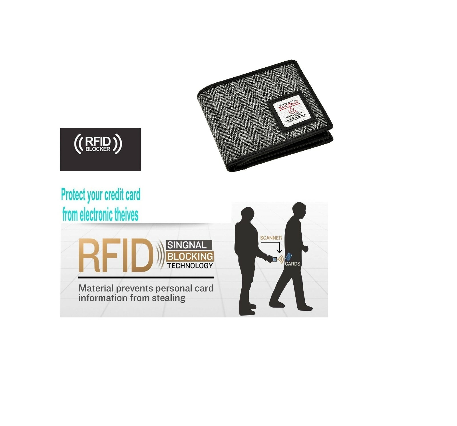 Men's Harris Tweed Grey Herringbone Trifold RFID Blocking Purse Wallet