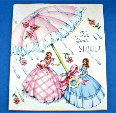 VTG 1950'S MINI ''FOR YOUR SHOWER'' WEDDING CARD UNUSED PRETTY GIRL DRESSES W/ENV