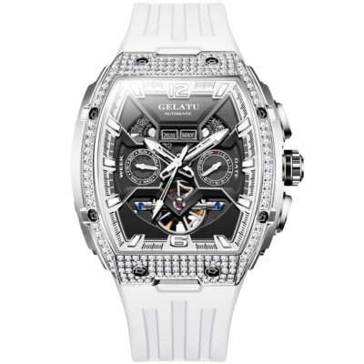 GELATU Luxury automatic watch Diamond tonneau case Skeleton design Date Week