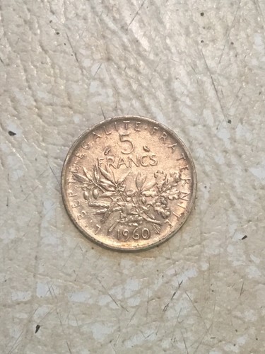 1962 France La Semeuse 5 Franc Silver Coin NATURALLY TONED GOLD RED BLUE - Picture 2 of 2