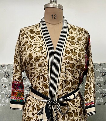 Indischer weißer Blumen Papier Seide Robe langer Kimono Damen Nachtwäsche Kleid US