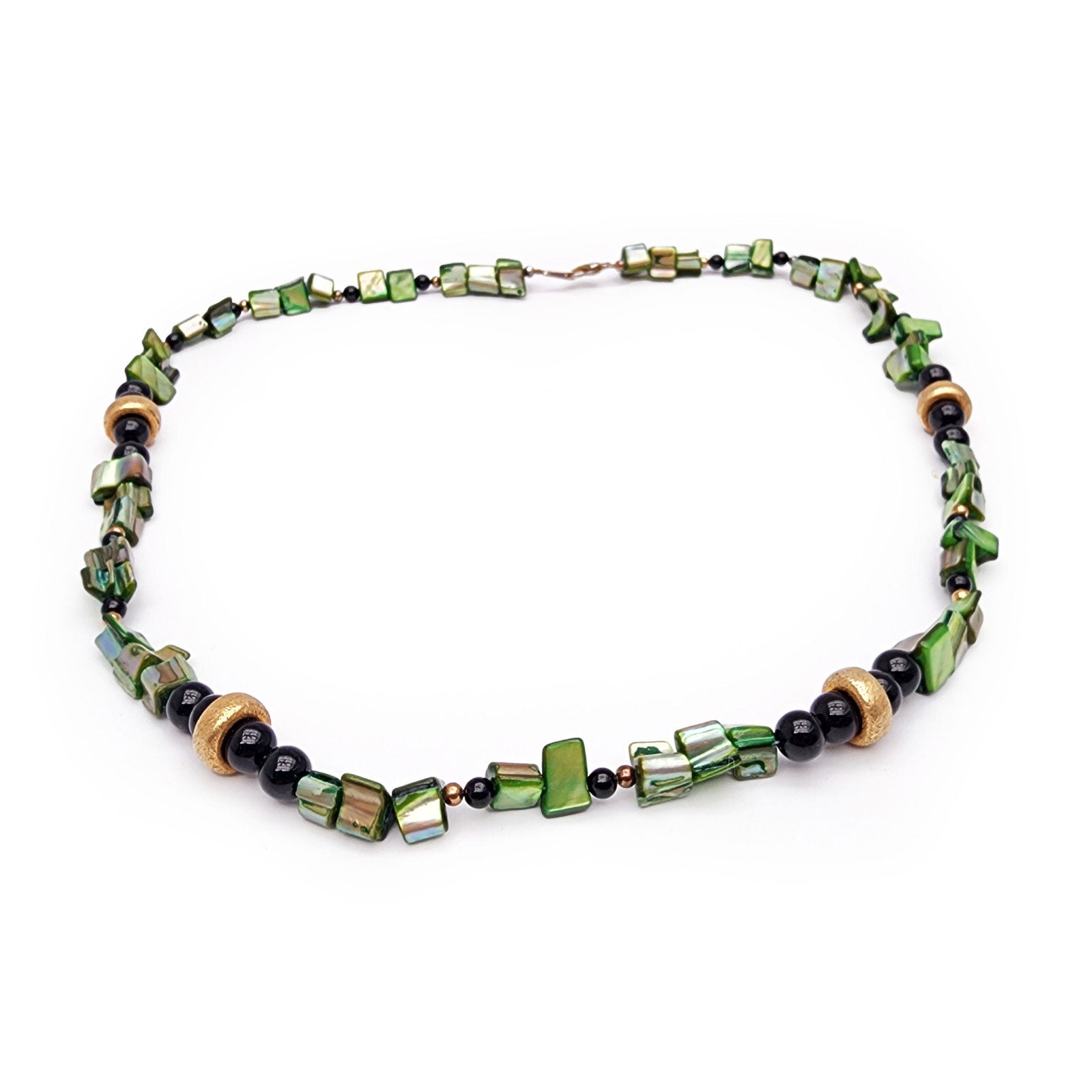 Green Shell Chip Necklace Black Glass Gold Tone Beads 24" Boho Beachy Nature