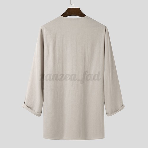 Summer Mens Linen CottonV-Neck Shirt Formal V-Neck Long Sleeve Tops T Shirt Tee - Picture 8 of 15