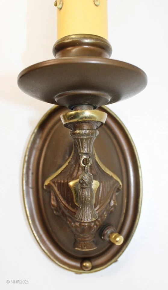 Pair Antique 1910s Arts & Crafts Deco Bronze Candle Sconce Wall Fixtures Rewired - Image 3 of 4