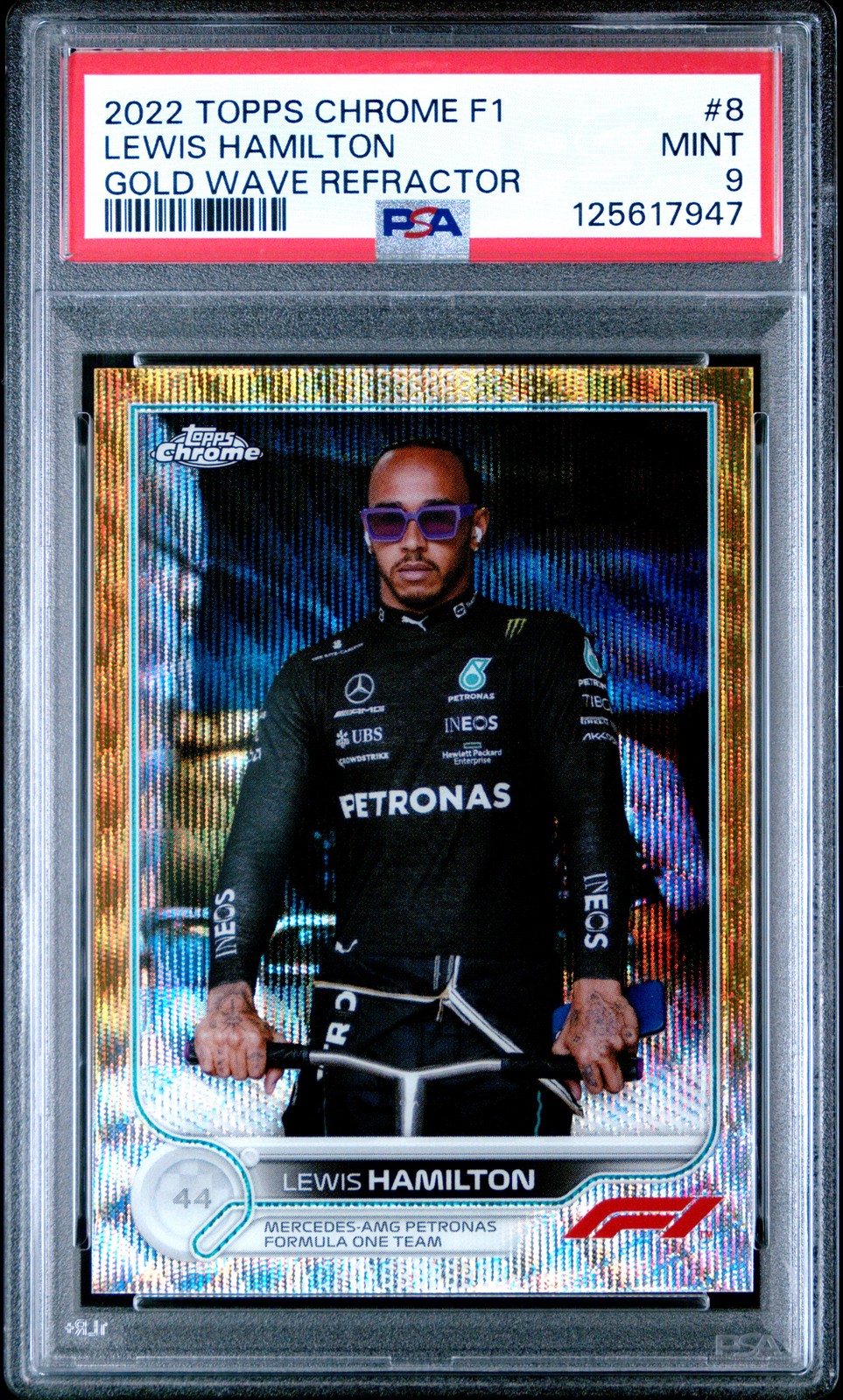 2022 TOPPS CHROME FORMULA 1 GOLD WAVE REFRACTOR #8 LEWIS HAMILTON 45/50 PSA 9 view 1