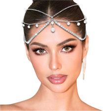 Rhinestone Head Chain Pearl Tassel Headpiece Multi-Layer Headwear Silver