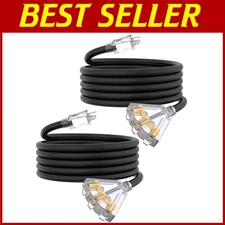 15Ft Heavy Duty Waterproof Extension Cord 3 Outlets - 2 Pack with LED Indicator
