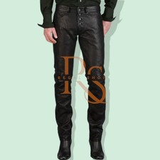 Men's Button Clouser Style Black Leather Pant  Genuine Lambskin Leather Pant