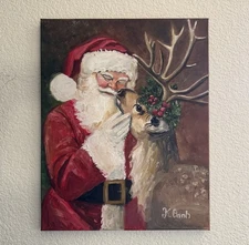 ORIGINAL OIL PAINTING SANTA CLAUSE DEER CHRISTMAS WINTER SIGNED 16x20