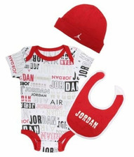 NIKE Air JORDAN AOP 3-Piece Baby Set Bodysuit Hat Bib Newborn 0-6M Brand New