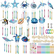 128 Pcs Wind Chime Making Kit Make Your Own Sea Animals Wind Chime Wooden 