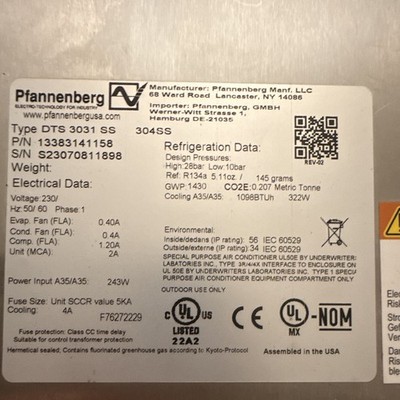 Pfannenberg DTS 3031 SS Enclosure Air Conditioner 230V MPN 13383141158