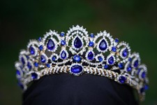 Intricate Blue Crystal Tiara Bridal Gold Crown Birthday Wedding Gift