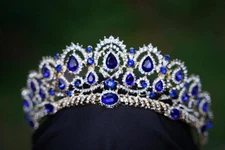 Intricate Blue Crystal Tiara Bridal Gold Crown Birthday Wedding Gift