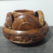 Vtg 9 Piece Large Carved Wooden Serving Bowl Small Bowls - Design