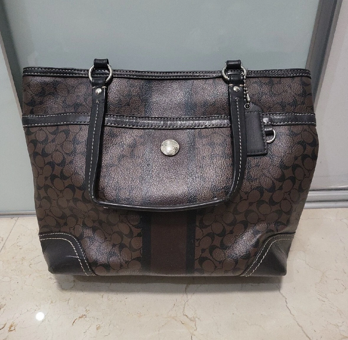 As is Coach Chelsea Heritage Signature Tote Bag Purse Brown eBay