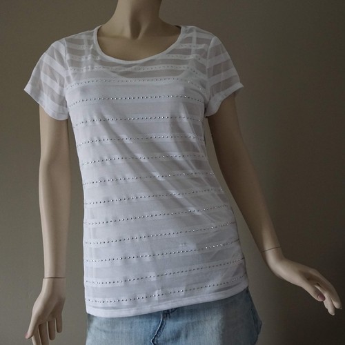INC Bright White Sheer Striped Silver Studded Blouse Size L - Picture 2 of 7