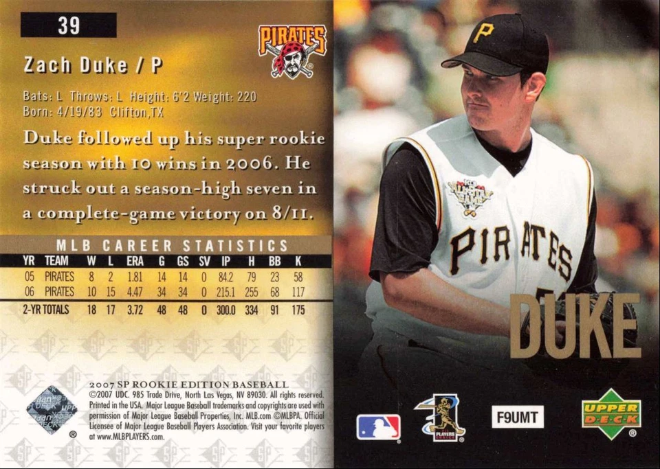 2007 SP Rookie Edition Zach Duke Pittsburgh Pirates #39 - Image 2 of 2