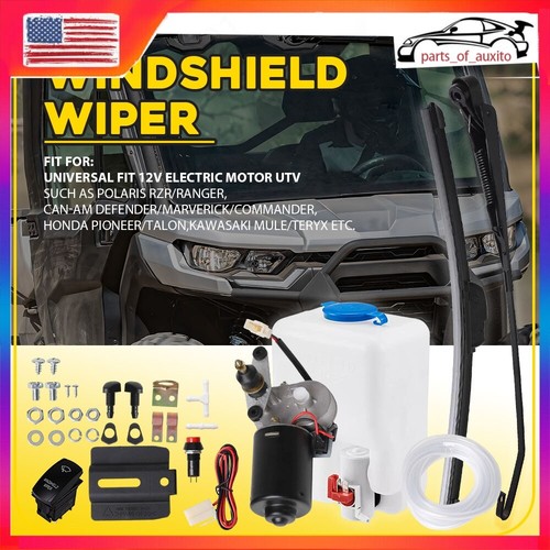 12V Electric Windshield Motor Wiper Kit, Washer Pump Bottle Kit Compatible With Polaris Ranger RZR 900 1000 Turbo Can Am X3 KUBOTA RTV Etc. 110 Degree Motor Sweep, Arm/Blade Size:19.6"/17.7" In - Foto 2