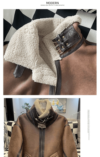 Streetwear Mujeres Imitación Cuero Cordero Lana Chaquetas Motocicleta Abrigos Cortos Outwear - Imagen 9 de 11