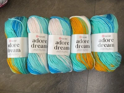 YarnArt Adore Dream knitting / crochet DK yarn in Blues, Orange & White 5 x 100g
