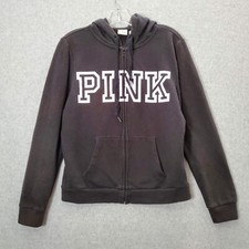 Pink Victorias Secret Women Sweatshirt M Black Hoodie Logo Spellout Full Zip