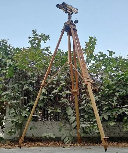 Maritime Vintage Brass Binoculars on Elegant Nautical Floor Tripod Stand Antique - Picture 3 of 9