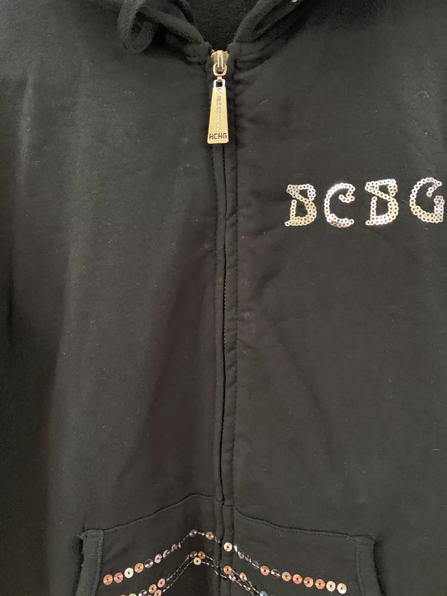 BCBG Maxazria Black Sweater W sequin Zip Hoodie Sweatshirt Women s