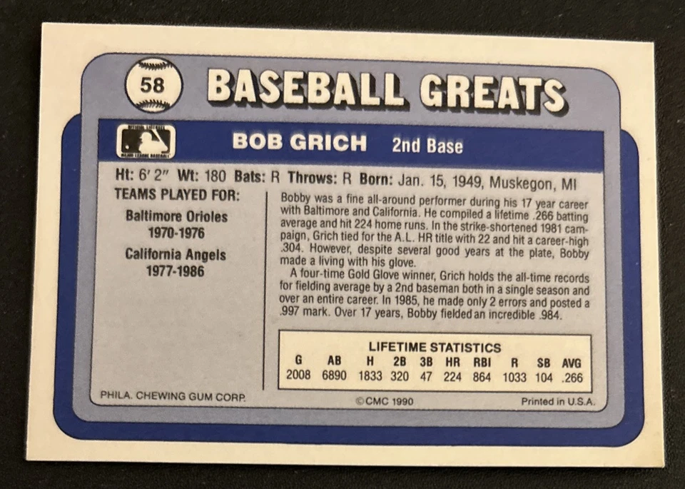 1990 Swell Baseball Greats Bob Grich Card #58 Orioles Angels 2B VG O/C - Image 2 of 2