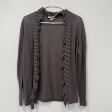 Ann Taylor LOFT Petites Gray Ruffle Trim Open Front Cardigan Sweater MP