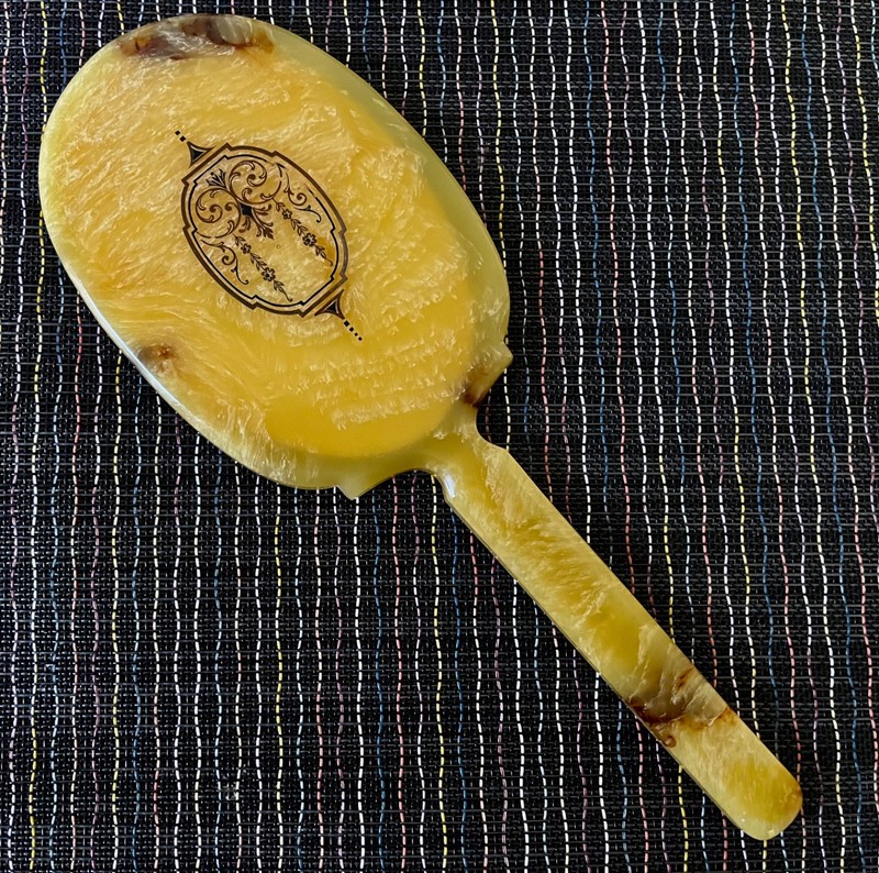 Antique Vintage Celluloid Bakelite Marbled Amber Color Beveled Glass Hand Mirror