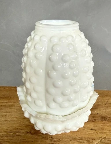 Vintage Small White Hobnail Milk Glass Fairy Light, Candle Holder 4 1/2"