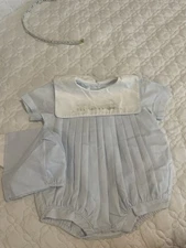 3 Months Petit Ami Blue Pleated Train Bubble Romper With Matching Hat