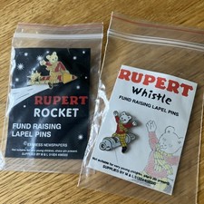 Rupert Bear Pin Badges: Whistle & Rocket, VNM On Card, Enamel Badge Lapel Pin