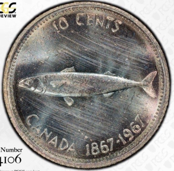 🔥Monster Toning 1967 Canada Silver 10 Cent Mackerel Canadian Dime