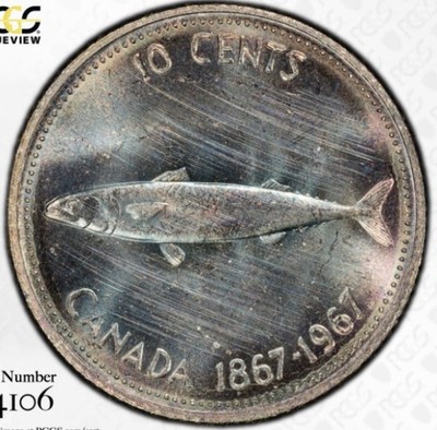 🔥Monster Toning 1967 Canada Silver 10 Cent Mackerel Canadian Dime