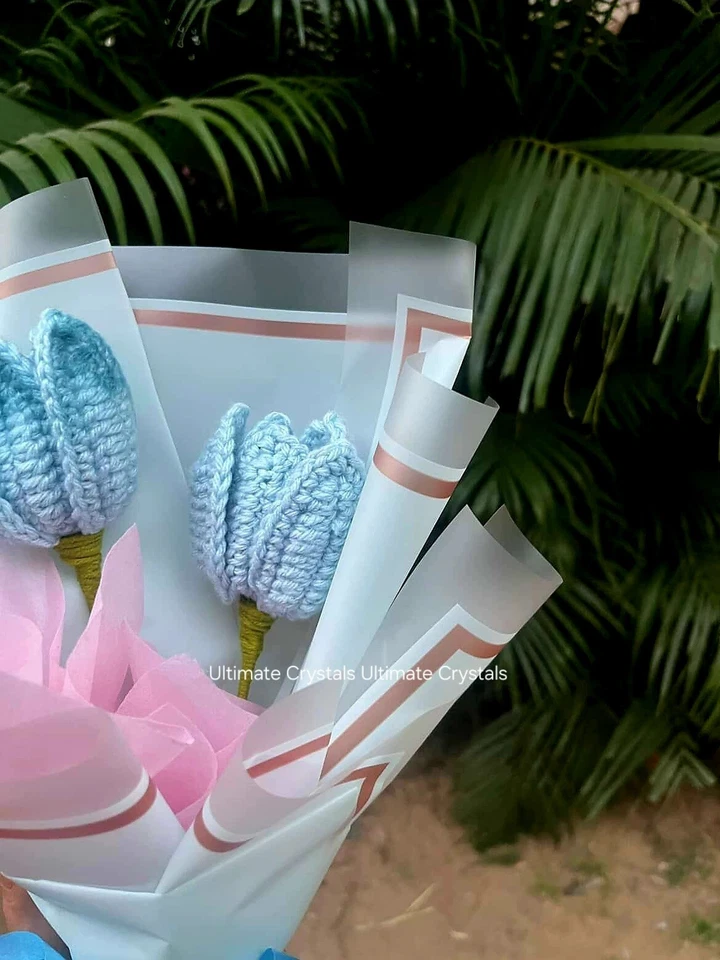 Crochet Tulip Bouquet - Handcrafted Sky Blue & White Flowers | Perfect Gift - Image 3 of 4