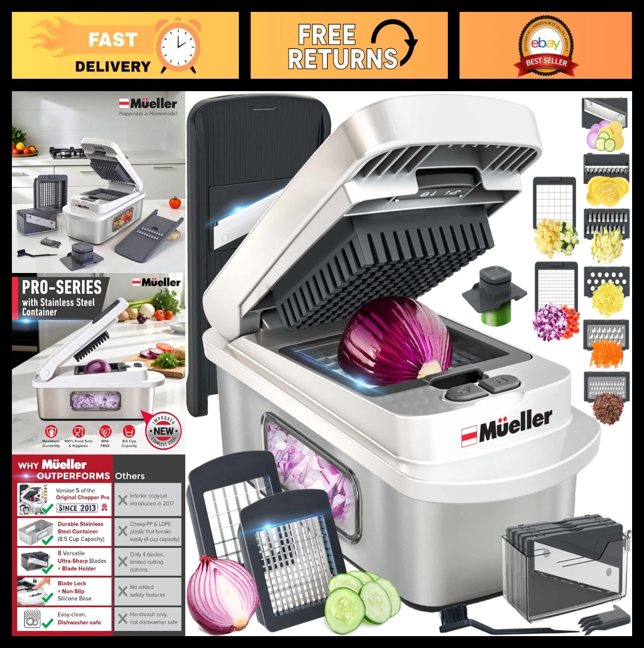 10-in-1 Multi Vegetable Chopper & Mandoline Slicer - 8 Blade Stainless Steel Kit