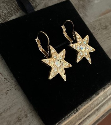 Kirk s Folly Vintage Signed AB Aurora Borealis Gold Drop Star Crystal Earrings